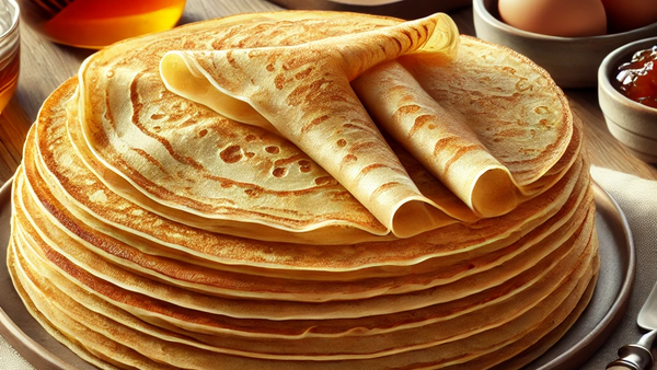 DALL·E 2024-11-07 14.27.57 - Photorealistic image of ready-made thin crepes, arranged neatly on a plate. The crepes are golden brown with a light, delicate texture, showing slight