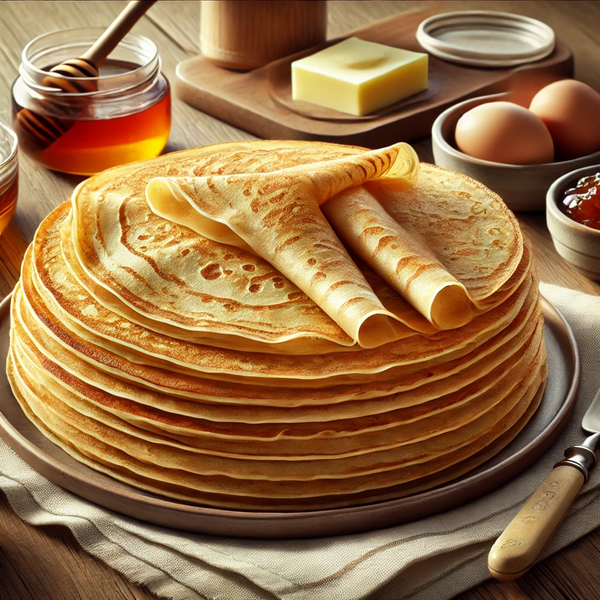 DALL·E 2024-11-07 14.27.57 - Photorealistic image of ready-made thin crepes, arranged neatly on a plate. The crepes are golden brown with a light, delicate texture, showing slight